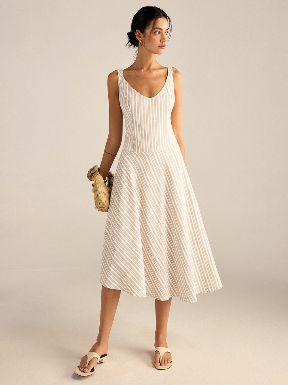 NWT Commense Striped Asymmetrical Hem Midi Dress Khaki Womens Medium - Picture 4 of 9